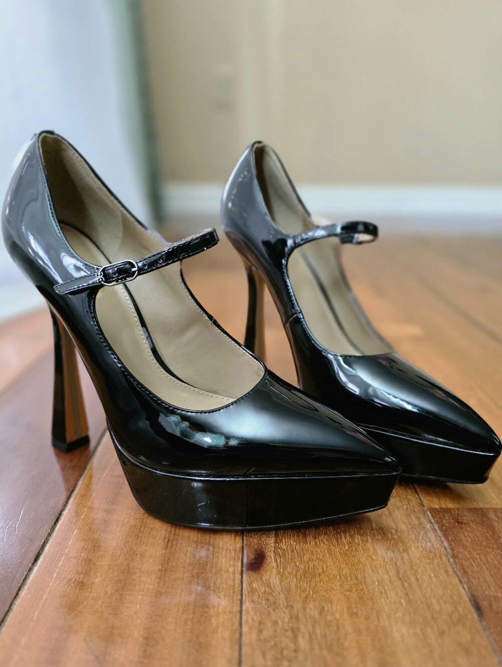 Sam Edelman Black Patent Mary Jane Platform Heels 8 Pointed Toe Y2K Stiletto